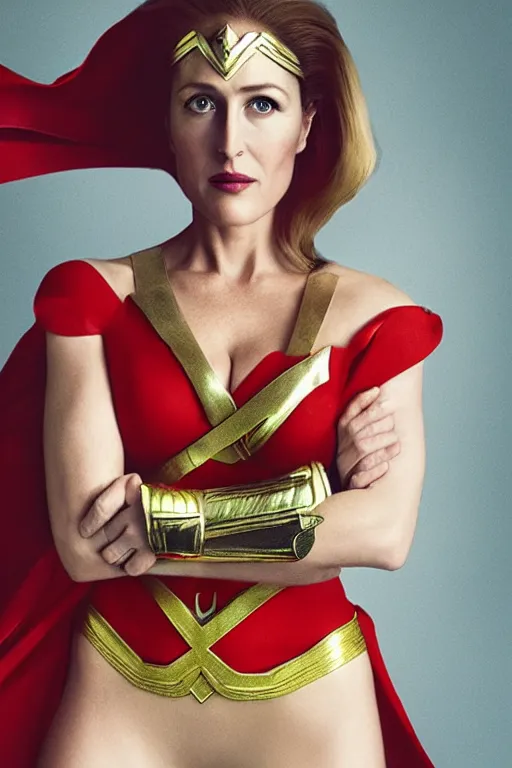 Prompt: photo of a beautiful 40-year-old Gillian Anderson dressed as wonder woman (2020) by Mario Testino and stanley lau, detailed, award winning, Sony a7R, trending on artstation