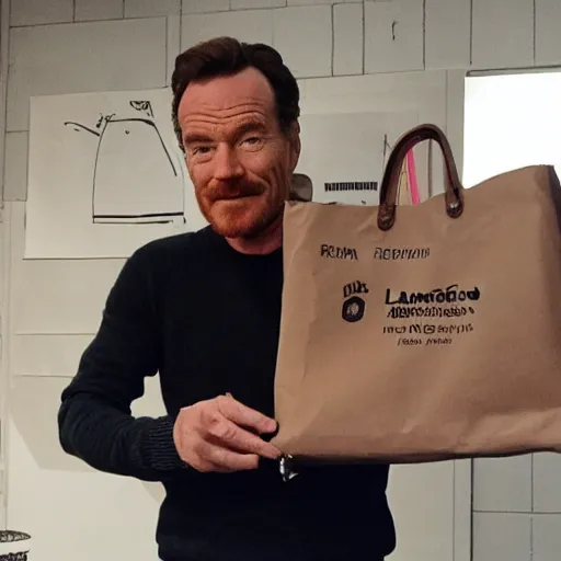 Image similar to bryan cranston holding a bag of meth inspired by Rene Laloux Dan Mumford