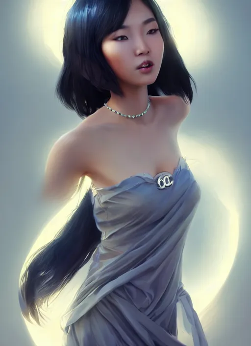 Image similar to beautiful fashion asian goddness, strapless dress, character portrait in the style of thomas river and artgerm, wlop, cinematic lighting, hyperdetailed, 8 k realistic, symmetrical, global illumination, radiant light, halo, love and mercy, frostbite 3 engine, cryengine, dof, trending on artstation, digital art, chanel