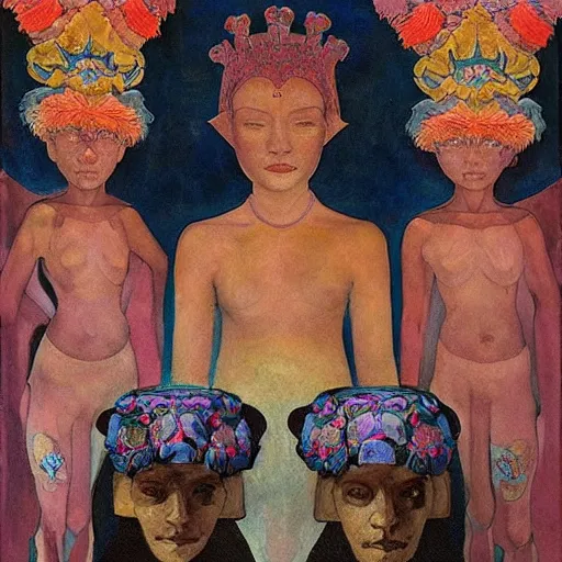 Image similar to the bone crown, by Annie Swynnerton and Nicholas Roerich and (((Diego Rivera))), embroidered robes, floral tattoos, bioluminescent skin!, elaborate costume, geometric ornament, symbolist, soft colors, dramatic lighting, smooth, sharp focus, extremely detailed