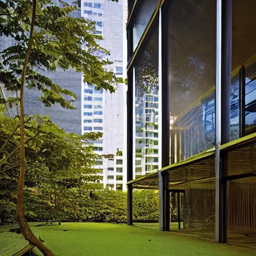 Prompt: an office building in the jungle, mies van der rohe, golden hour