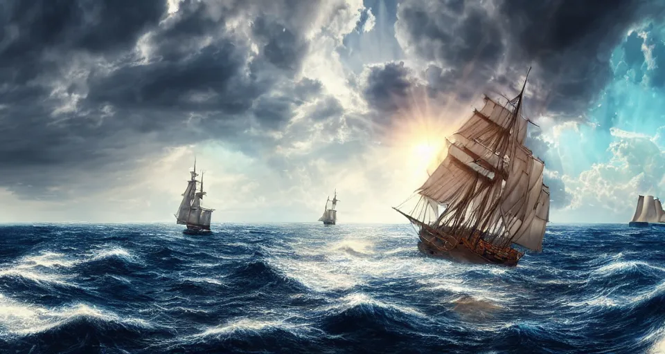 Image similar to a very large sailing ship in the middle of the sea, big waves, blue skies, voluminous clouds, dramatic lighting, sunshine rays, deep colors, masterpiece, amazing, beautiful, light bloom, photo - realistic, hyperdetailed, hyperrealistic, photography, 8 k resolution, behance hd, trending in artstation