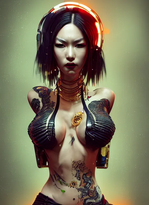 Image similar to portrait of a seductive cyberpunk geisha yakuza raver gutter punk cyborg bioweapon, golden ratio, details, sci - fi, dark fantasy, cyberpunk, intricate, decadent, ornate, highly detailed, digital painting, octane render, 8 k, artstation, concept art, smooth, sharp focus, illustration, art by artgerm, loish, wlop