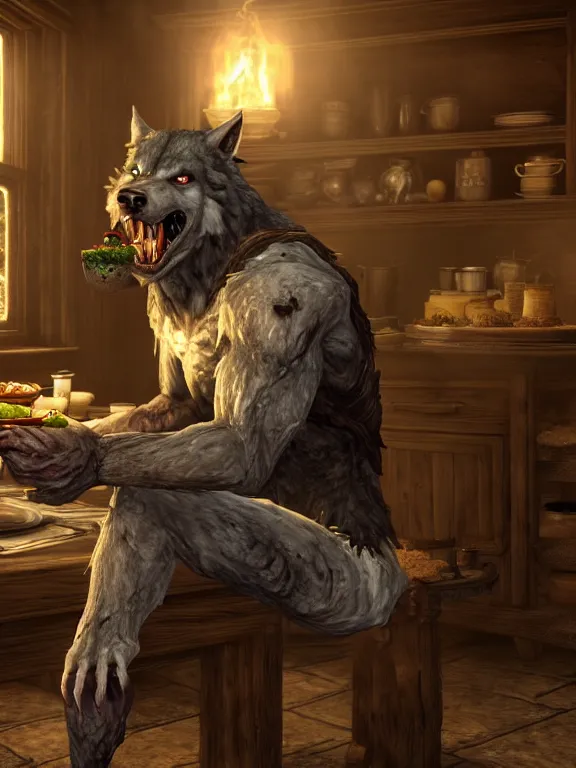 Image similar to cute handsome cuddly burly surly relaxed calm timid werewolf from van helsing sitting down at the breakfast table in the kitchen of a normal country home cooking having fun lighthearted whimsy baking strawberry tart cakes unreal engine hyperreallistic render 8k character concept art masterpiece screenshot from the video game the Elder Scrolls V: Skyrim