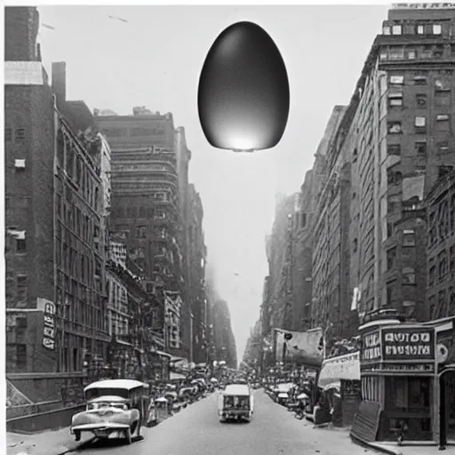 Image similar to photograph of a large flying saucer hovering over a new york city street in 1 9 3 2