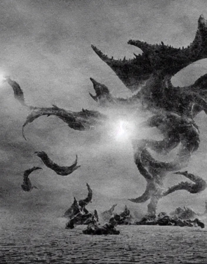 Image similar to a filmstill of a north korean monster movie, kaiju - eiga monster starfish - like trampling a traditional korean palace, foggy, film noir, epic battle, etheral, explosions, communist starfish, thriller, by akira kurosawa and robert eggers, video compression