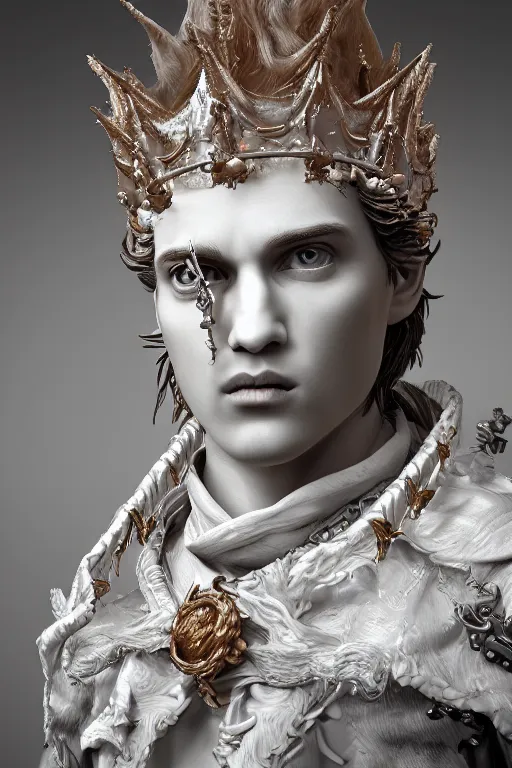 Image similar to a realistic porcelain baroque style sculpture of handsome young seductive Spanish prince with a spiky hair, wearing a crown made out of woven pipe cleaners, floating in outer space, photorealism, octane render, depth of field, 8k, 35mm, artgem, Trending on artstation