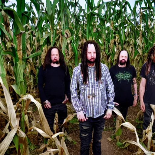 Image similar to photo of the band Korn lost in a corn maze, 4k