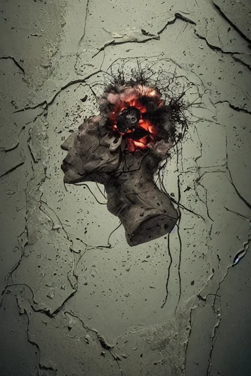 Image similar to a dark morbid portrait of an exploding human head made from antique paper, dry and dusty faling apart, intricate, cinematic lighting, surreal photography, simon stalenhag