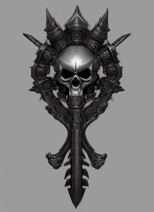 Image similar to a black long sword skull crest, orthographic, ornament, weapon, a 3 d render by dom qwek, front side full, trending on polycount, artstation, hard surface modeling, rendered in maya, zbrush, blender, hd, vray, berserk first person view, symmetry