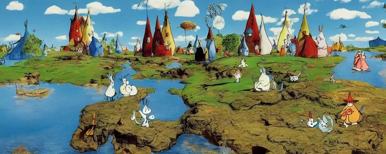 Image similar to the moomins in moominvalley, salvador dali painting, very detailed!, high quality, 4 k