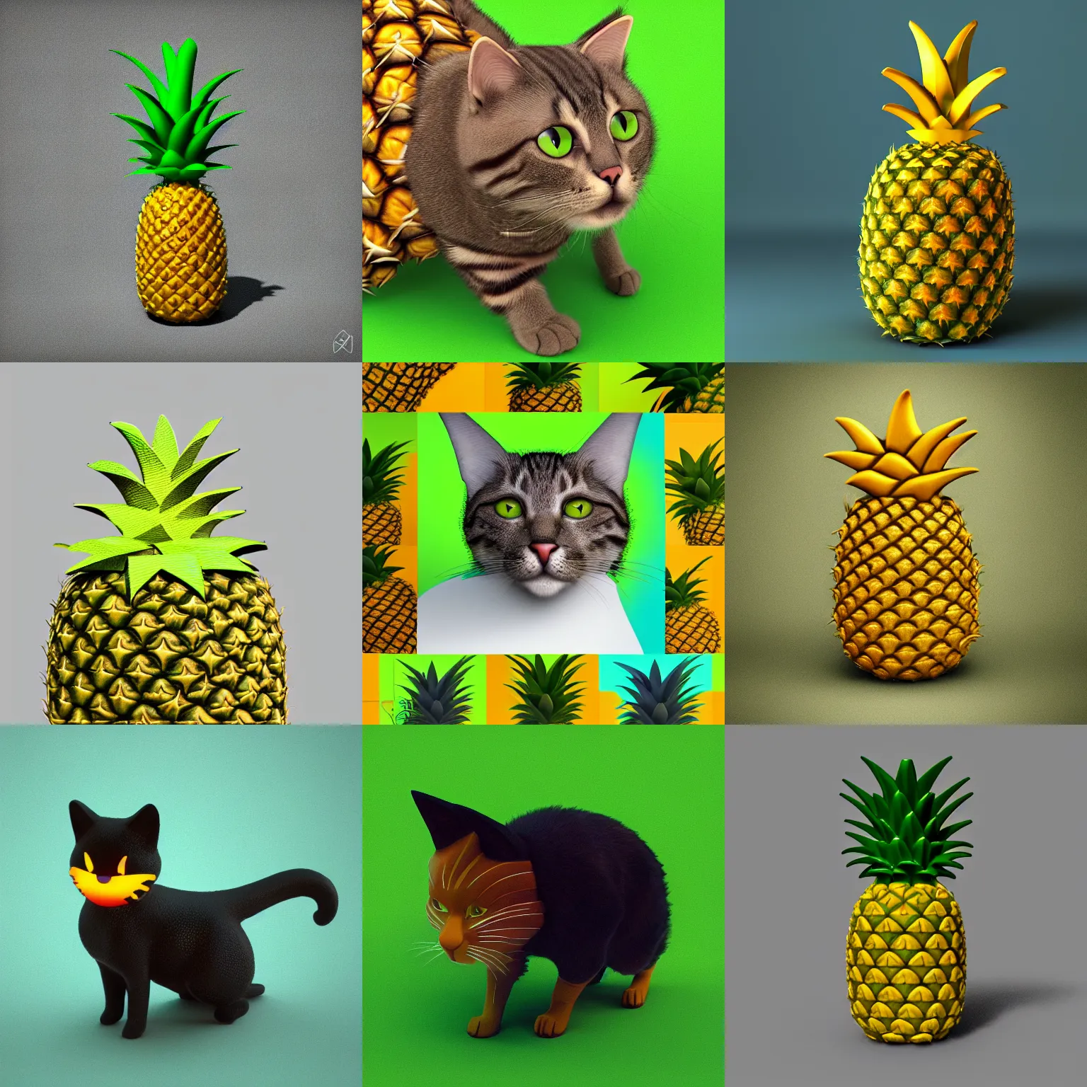 Prompt: Octane 3D render of cat in shape of pineapple, 4k,. colorful, trending on artstation, green background