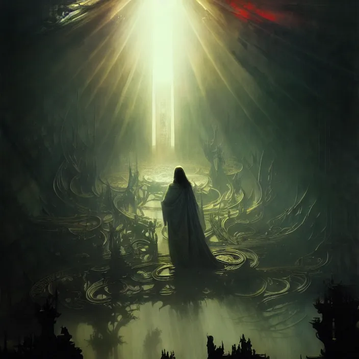 Image similar to the second coming of jesus christ, intricate concept art, ethereal, ominous, dramatic lighting, Ruan Jia and Jeremy Mann and Alphonse Mucha