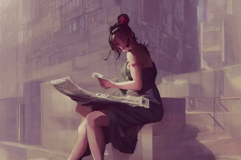 Image similar to seductive goddes reading newspaper in modern city in the style of Durand and greg rutkowski, beautiful, geometric, trending on artstation, cinematic
