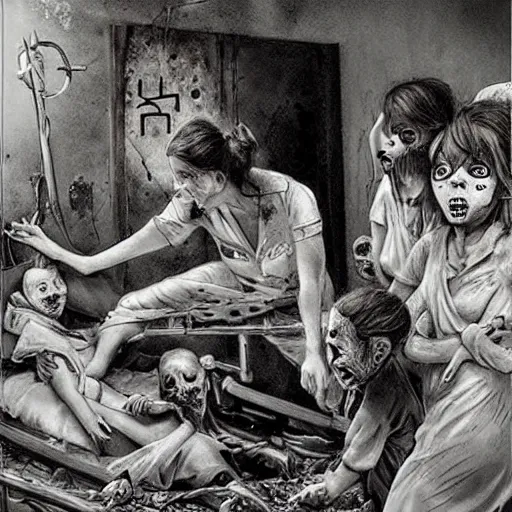 Image similar to “ sensual nurse treating zombie childs in a destroyed hospital, fantasy, artwork ”