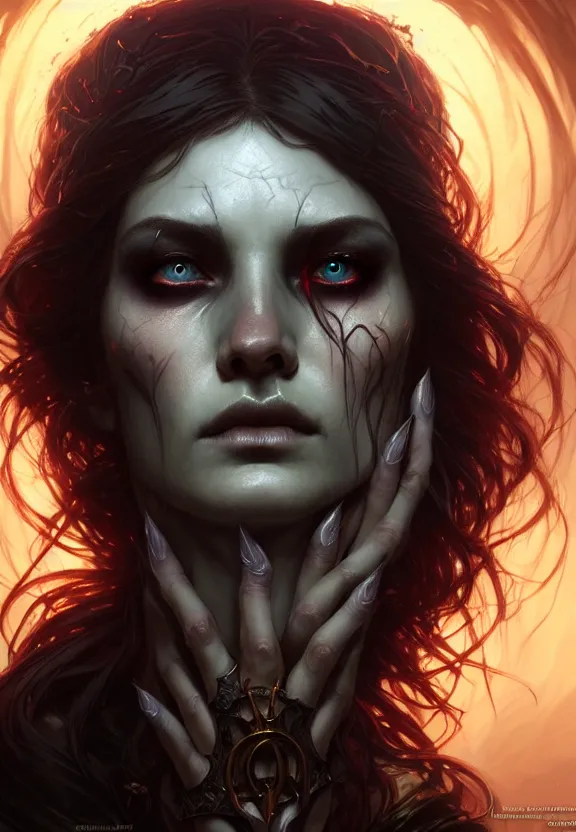 Image similar to Necromancer Sorceress face close-up macro in center, fantasy magic, undercut hairstyle, dark light night, intricate, elegant, sharp focus, illustration, highly detailed, digital painting, concept art, matte, art by WLOP and Artgerm and Greg Rutkowski and Alphonse Mucha, masterpiece