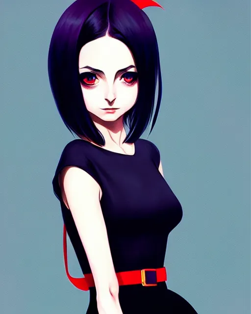 Prompt: style of ilya kuvshinov, artgerm : : gorgeous willa holland : : evil witch, swirling black magic, black dress : : symmetrical face, symmetrical eyes : : full body pose : : gorgeous black hair : : magic lighting, low spacial lighting : :