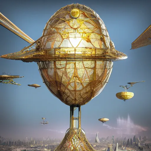 Image similar to enormous flying city in a faberge egg, sky, steampunk, fantasy art, masterpiece, hugh ferriss, octane render