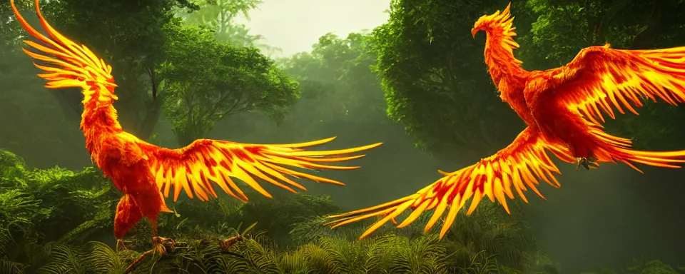 Prompt: flock of fiery golden phoenix birds in tropical forest, insanely detailed, digital art, photorealistic, wimmelbilder, unreal engine 5, 8 k