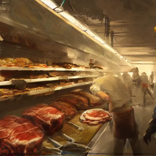 Prompt: low angle view of a butcher working, artwork by craig mullins, high details, octane, unreal engine, from below, worms - eye - view