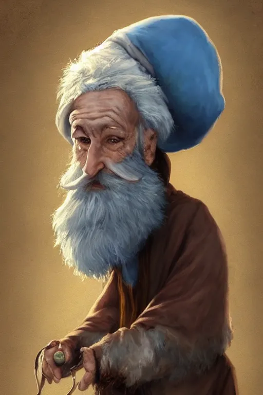 Prompt: a kind old wizard with a long white beard looking a confused with a chicken perched on top of his hat, brown wizard hat, blue robe, realistic, detailed, trending on ArtStation, by Tony Sart