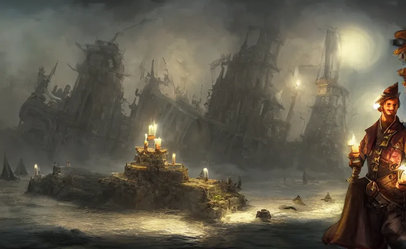 Prompt: concept art of a swashbuckler holding a candle holder discovering a sunken city, wearing a cape, grand ship, highly detailed, digital art, illustration, artstation, very detailed, 4 k