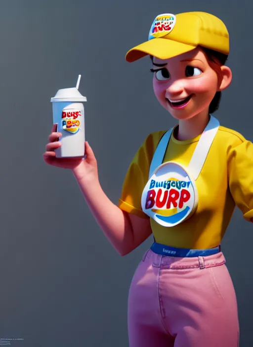 Image similar to a young woman working at burgerking in 1 9 8 5, pixar character design, rendering, artstation trending, cgsociety, golden ratio, octane render, ray traced, 8 k