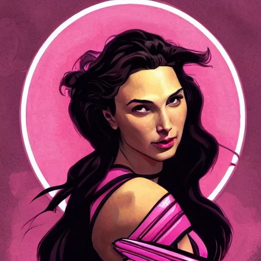 Image similar to a moderne painting of gal gadot as the pink power ranger in the style of charlie bowater, and in the style of alphonse mucha. sharp focus, semi - realism, intricate detail.