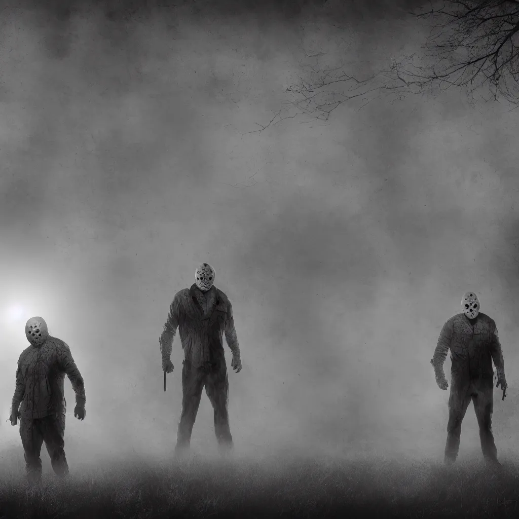 Image similar to jason voorhes, big house, monochrome, 4 k, evil, backlight, volumetric, shadows, anti - aliasing, rtx, in a symbolic and meaningful style