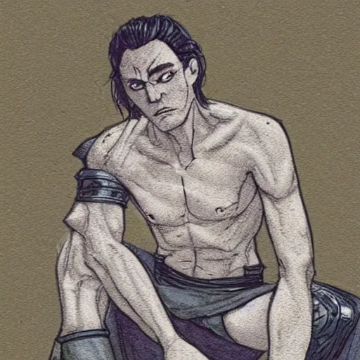 Image similar to this illustration is concept art for the comic book character of loki, the norse god of mischief sitting on a chair with his legs crossed. he is looking at something off to the side, and his expression is one of concentration or deep thought. the background is a simple, two - tone gradient. the colors are muted and calming, giving the image an overall peaceful feeling.