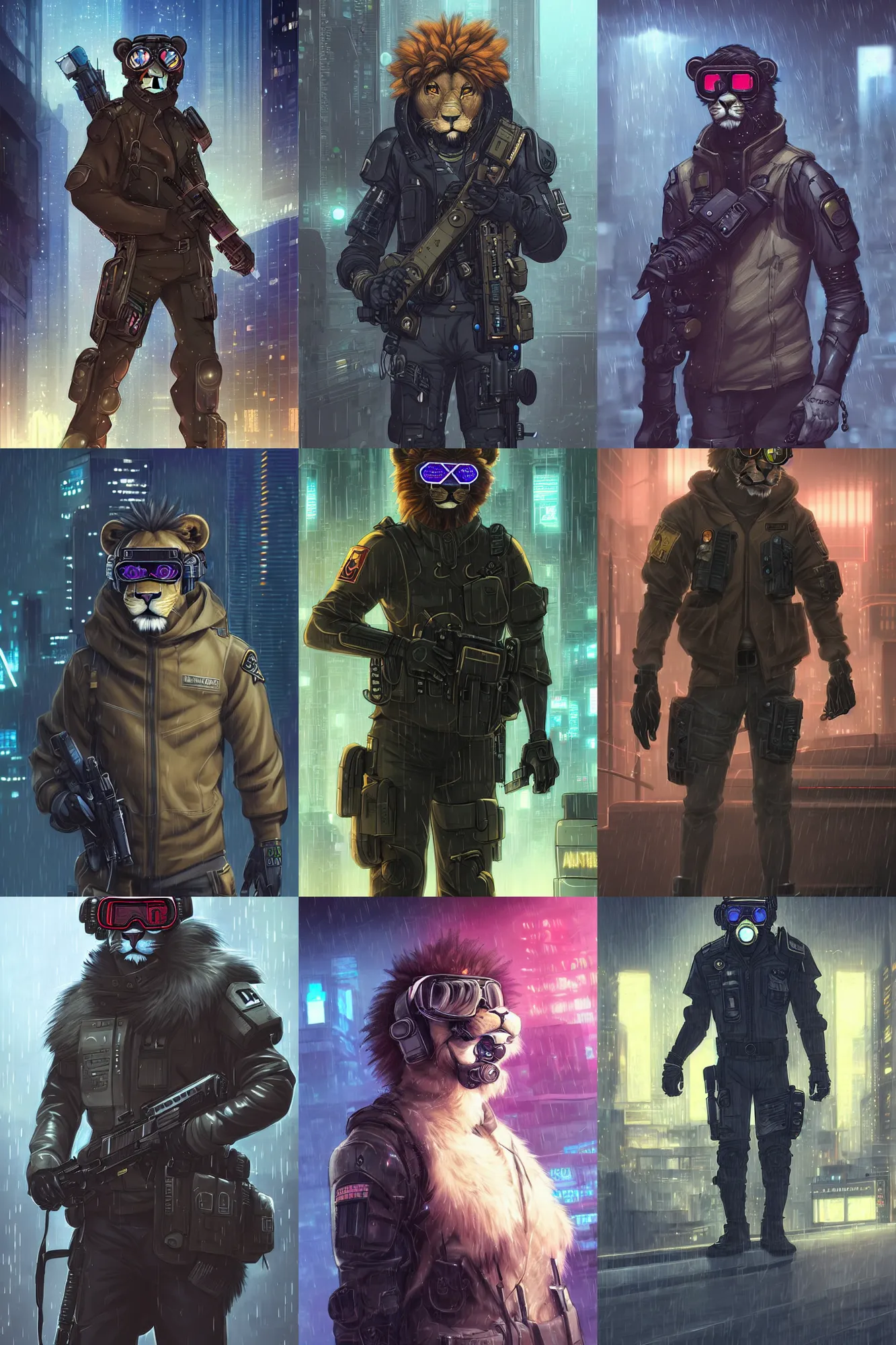 Prompt: beautiful portrait commission of a male furry anthro lion fursona wearing a tactical cyberpunk swat uniform with goggles in a cyberpunk city at night in the rain. character design by charlie bowater, ross tran, artgerm, and makoto shinkai, detailed, inked, western comic book art