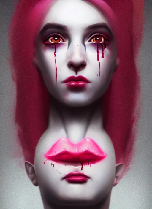 Image similar to portrait of sinister girl with pouty aerochrome lips, bodachs, unforgivable, cute bandaid on nose!!, expressive eyes, full body, deathly skin, greg rutkowski, charlie bowater, yuumei, stephen gammell, unreal 5, daz, hyperrealistic, octane render, rpg portrait, dynamic lighting, fantasy art, beautiful face