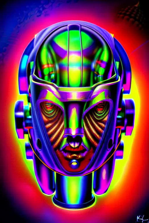 Prompt: maximalist detailed scifi robot head portrait. lowbrow scifi artwork by kidsquidy. ray tracing hdr polished sharp in visionary psychedelic fineart style inspired by alex grey and cameron gray