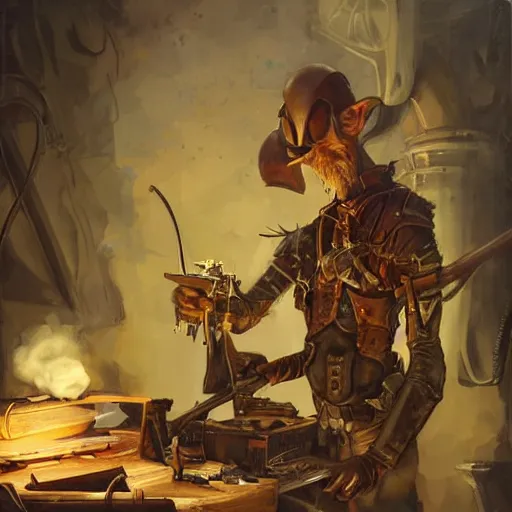 Image similar to goblin artificer tinkerer working on a makeshift rifle on a dusty workbench, cover of a Dungeons and Dragons book, art by Raymond Swanland