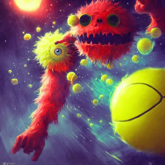 Image similar to cinematic portrait of a cute tennis ball monster in the abyss of space, chalk, masterpiece, trending on artstation, featured on pixiv, cinematic composition, dramatic pose, beautiful lighting, sharp details, hyper-detailed, HD, HDR, 4K, 8K, art by Basil Gogos