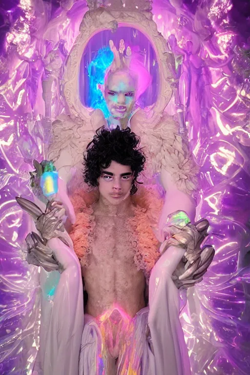 Image similar to full-body rococo and cyberpunk delicate neon crystalline sculpture of ((young muscular albino prince Joe Jonas)) as an iridescent humanoid deity wearing ((peach plastic hooded cloak)) (holding a human skull) in a white castle dungeon, reclining, glowing pink face, crown of (pink lasers), large blue diamonds, swirling black silk fabric. futuristic elements. oozing glowing liquid, full-length view. space robots. intricate artwork by caravaggio. Trending on artstation, octane render, cinematic lighting from the right, hyper realism, octane render, 8k, depth of field, 3D
