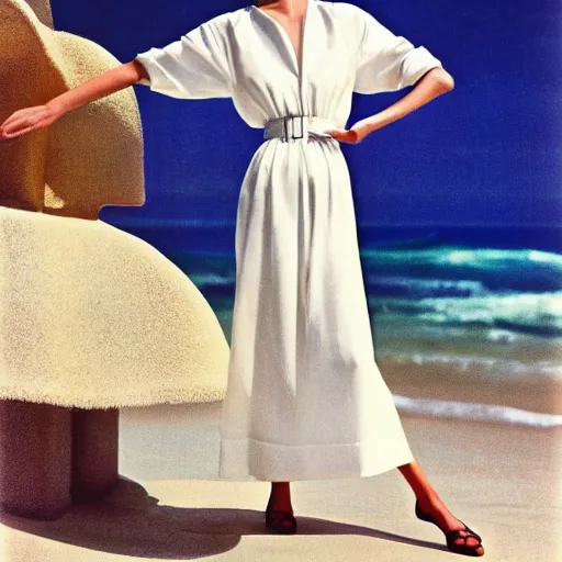 Prompt: 1 9 8 5 italia vogue magazine photo of a dress with cotton set, christian dior style, mediterranean beach background, refracted color lines, night, flash photography