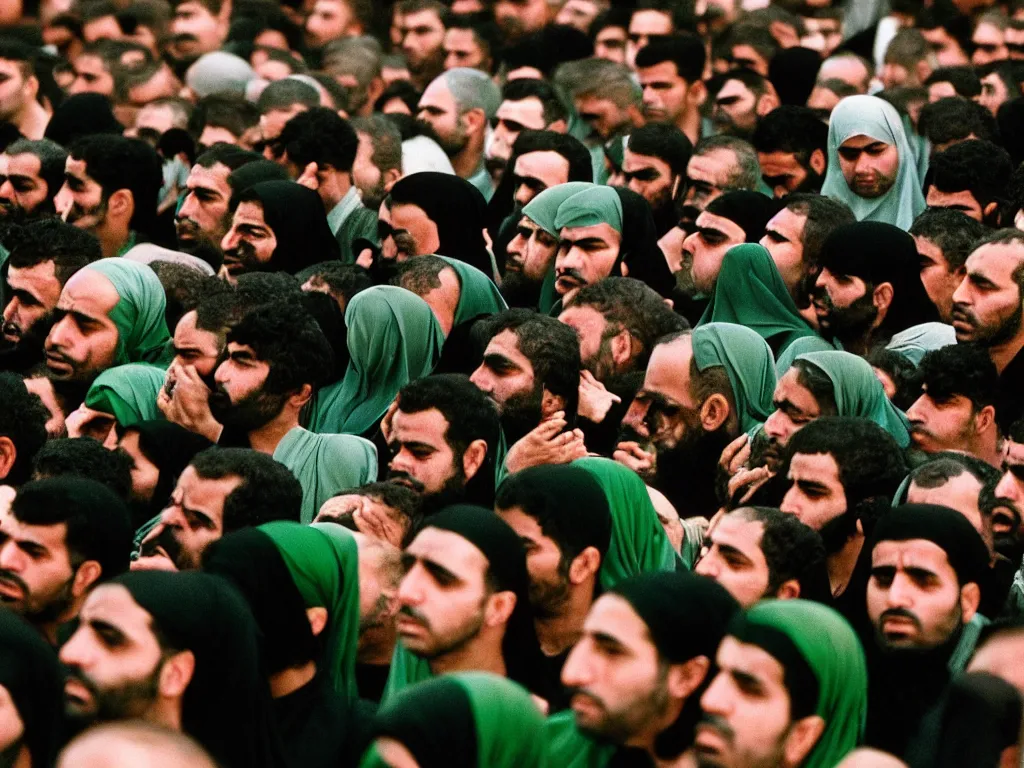 Prompt: “A photograph of a close up on a group of men and women mourning Imam Hussein in the Middle East, black costumes, tears, green flags, highly detailed, realistic, analog Portra 400, grain”