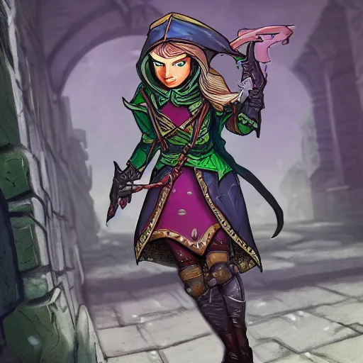 Prompt: elf rogue lurking through the alleyway, d & d style, trending on artstation, colorful, intricate, art by kev chan