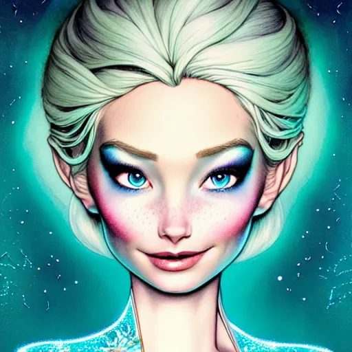 Image similar to ! disneys elsa, dream medium portrait top light, by killian eng and joe fenton and martin deschambault and conrad roset, inspired by machine faery, etching, fine, sharp high detail,