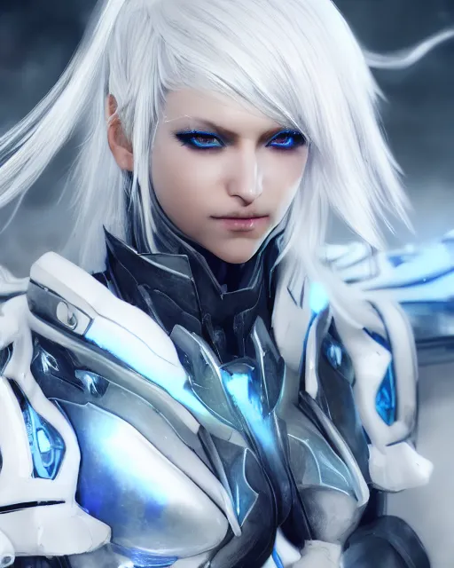 Prompt: perfect white haired girl, warframe armor, beautiful, dreamy, half asian, pretty face, blue eyes, detailed, windy weather, scifi platform, laboratory, experiment, 4 k, ultra realistic, epic lighting, cinematic, high detail, masterpiece, by akihiko yoshida, kazuya takahashi