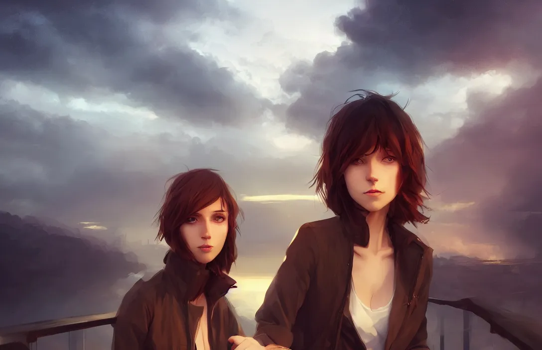 Image similar to a beautiful british woman with short brown hair, serious, somber amber eyes, standing on a bridge, storm in the distance, basic clothing, digital art by makoto shinkai ilya kuvshinov and wojtek fus, digital art, concept art,