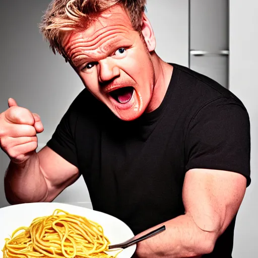 Image similar to <photo hd>Gordon Ramsey yells while eating spaghetti with his hands</photo>