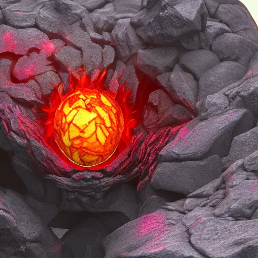 Image similar to a quartz dragon egg with lava core, crystal and lava cave on background, epic composition, octane render, realistic, film grain, focus