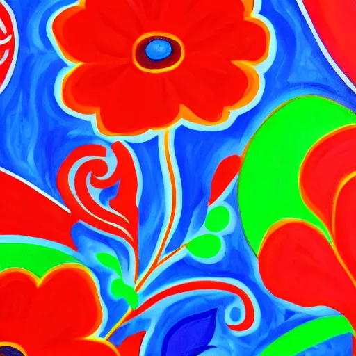 Prompt: a painting of a red flower on a blue background, a pop art painting by laurel burch, trending on pixabay, fauvism, fauvism, pop art, vivid colors