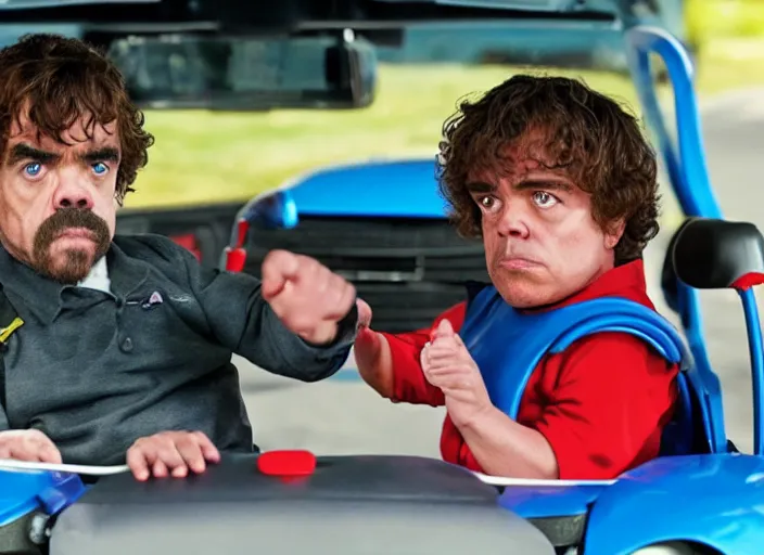 Image similar to peter dinklage racing gary coleman driving a little tikes cars, movie still, from the new fast and furious movie, 8 k, realistic