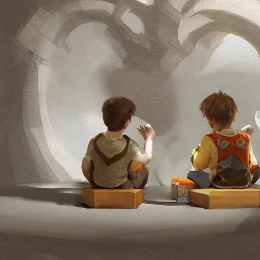 Image similar to a couple of kids sitting next to each other, concept art by michelangelo, trending on cg society, sots art, official art, wallpaper, rendered in maya,