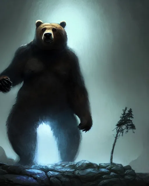 Prompt: Giant Bear scared of mouse, medium shot, D&D, artstation, fantasy, magic the gathering artwork, cinematic lighting, centered, symmetrical, highly detailed, digital painting, , concept art, smooth, sharp focus, illustration, volumetric lighting, epic Composition, 8k, art by Akihiko Yoshida and Greg Rutkowski and Craig Mullins, oil painting, cgsociety