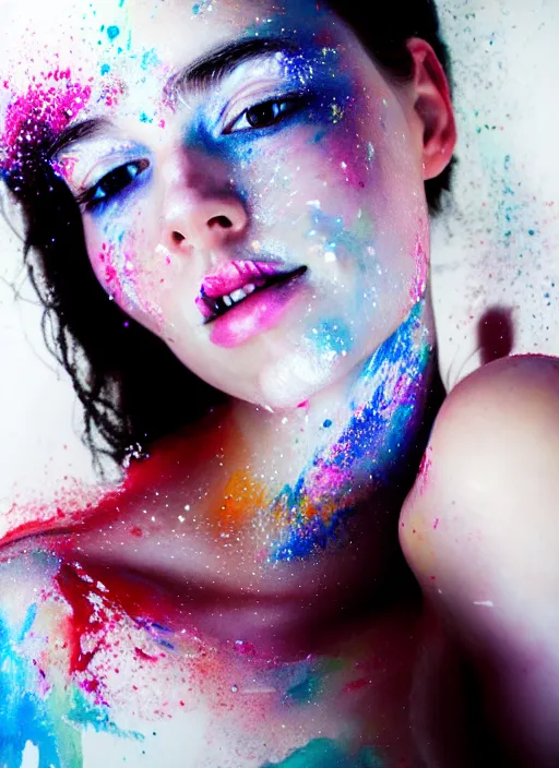 Prompt: happy epically beautiful young woman covered in white paint, in the style of irakli nadar, effervescent, warm, dark, watercolor, deep mood, hyperrealism, epic and cinematic,