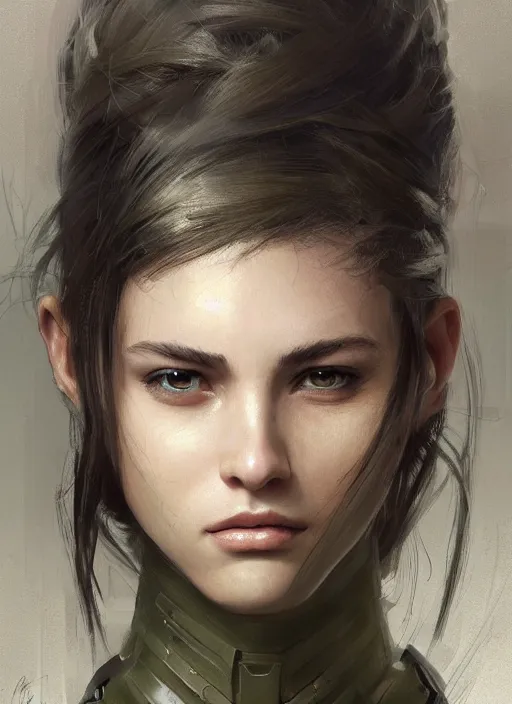 Image similar to a professional painting of a beautiful young female, clothed in military armor, olive skin, long dark hair, beautiful bone structure, symmetrical facial features, intricate, elegant, digital painting, concept art, smooth, sharp focus, illustration, from Metal Gear, by Ruan Jia and Mandy Jurgens and Artgerm and William-Adolphe Bouguerea